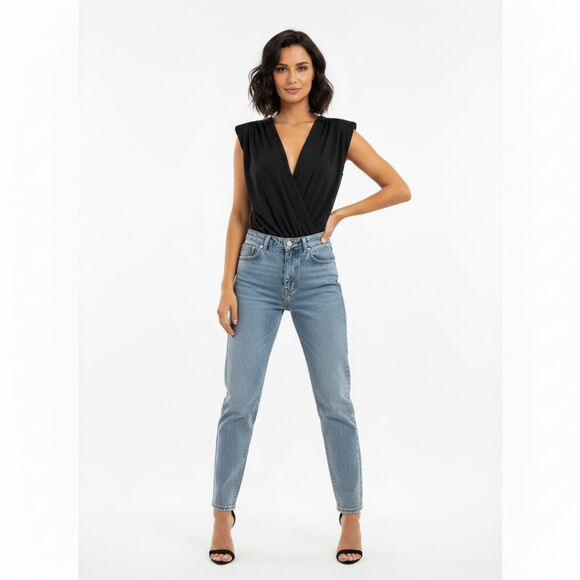 SHEIN NWT Sexy Sleeveless Deep V Black Bodysuit With Ruching Size Large - Picture 3 of 10